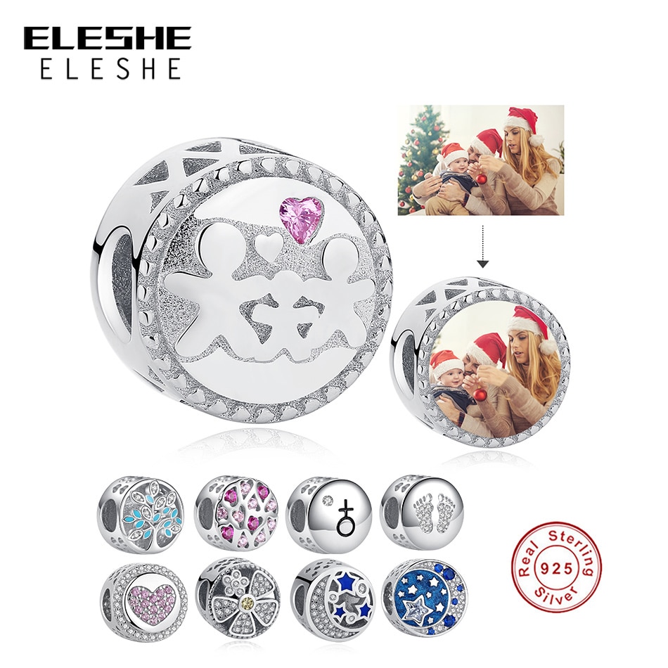 ELESHE 925 Sterling Silver Sparkling Crystal Family Round Bead Fit Original Bracelet Custom Photo Charms Fashion Jewelry Making