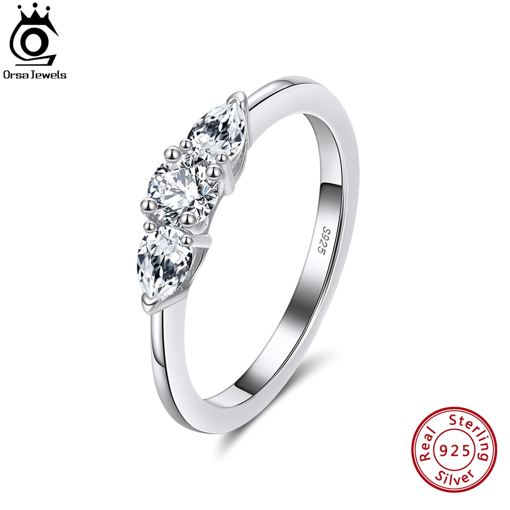 ORSA JEWELS Authentic 925 Sterling Silver Trinity Rings for Woman Female Shining Cubic Zirconia Trilogy Rings Jewelry Gift APR03