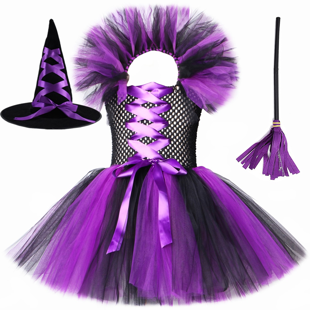 Black Purple Girls Witch Tutu Dress with Hat Kids Halloween Cosplay Witch Costume Tulle Girls Fancy Carnival Party Dress Clothes