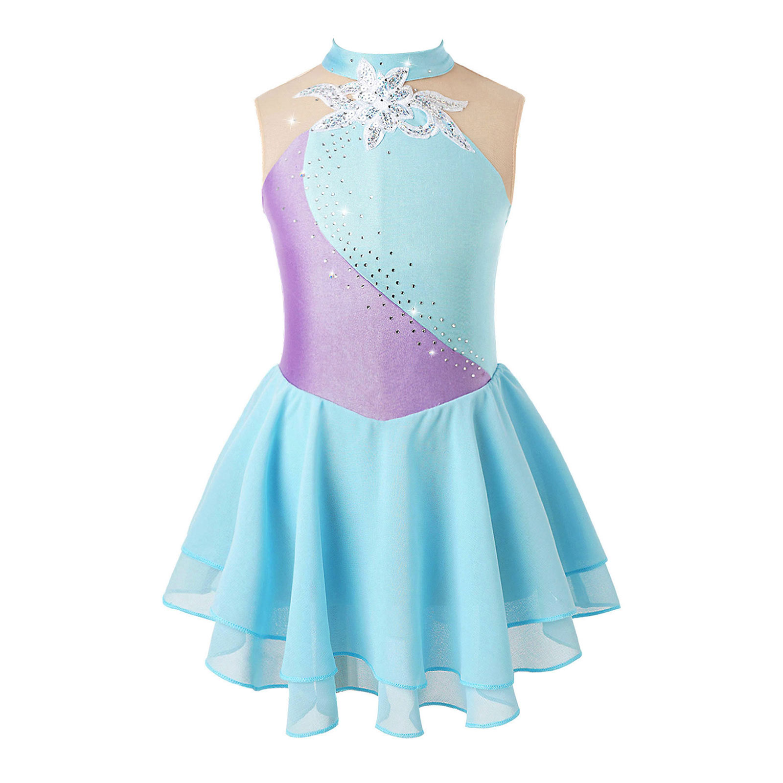 Girls Floral Figure Ice Skating Dresses Kids Sequins Rhinestone Ballet Dance Dress Teens Gymnastics Leotards Lyrical Dancewear