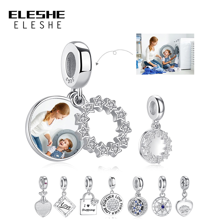ELESHE Custom Photo Bead 925 Sterling Silver Sparkling Crystal Round Dangle Charm Fit Original Bracelet DIY Personalized Jewelry