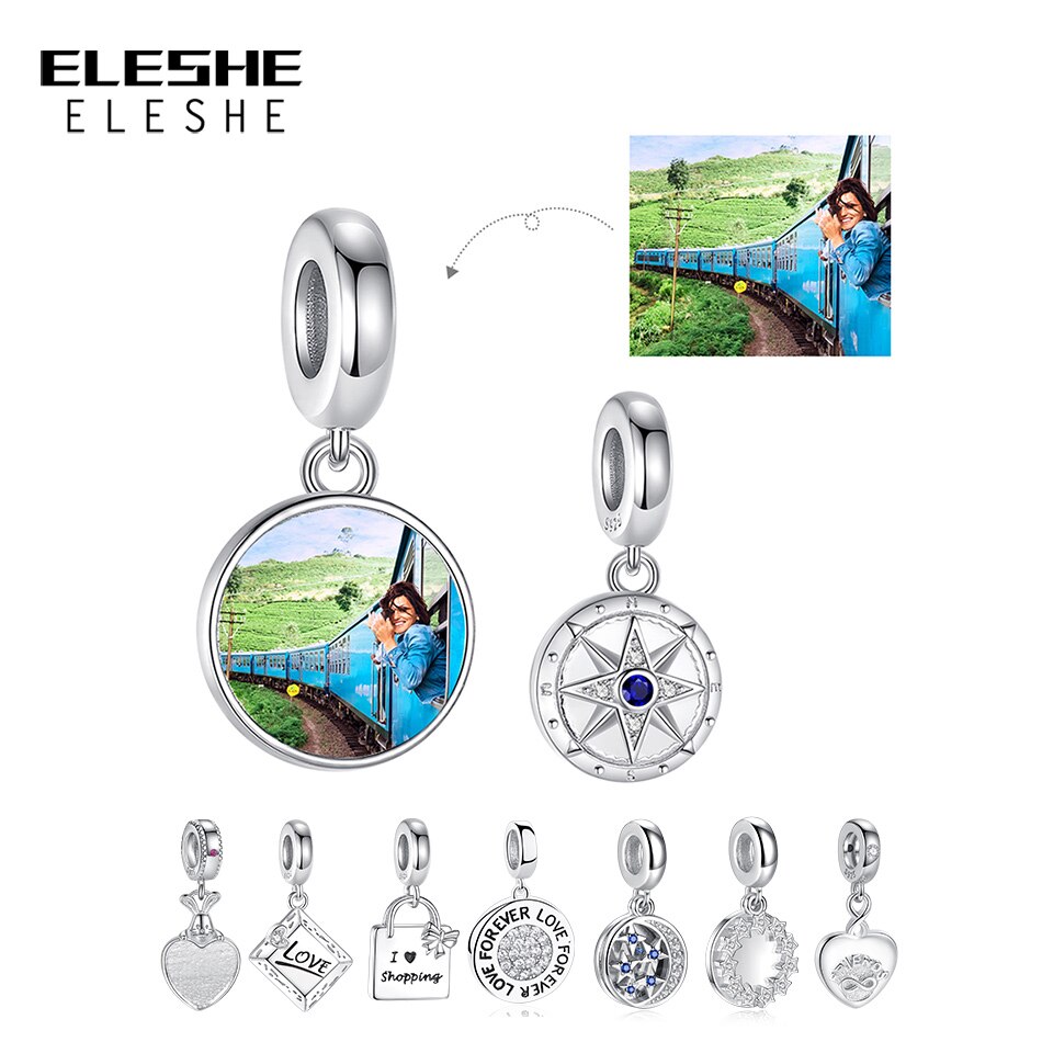 ELESHE Custom Photo Bead 925 Sterling Silver Anise Star Round Dangle Charm Fit Original Bracelet DIY Personalized Jewelry