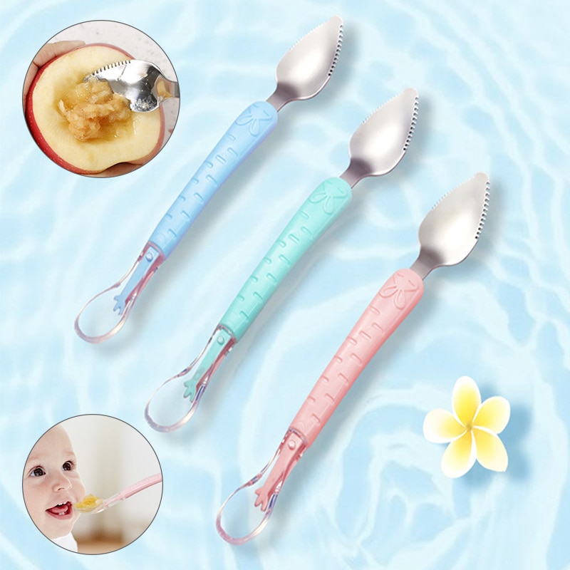 1Pcs Baby Training Safe Scraping Puree Spoon Infant Feeding Double-Headed Children Tableware Multi Purpose Stainless Steel
