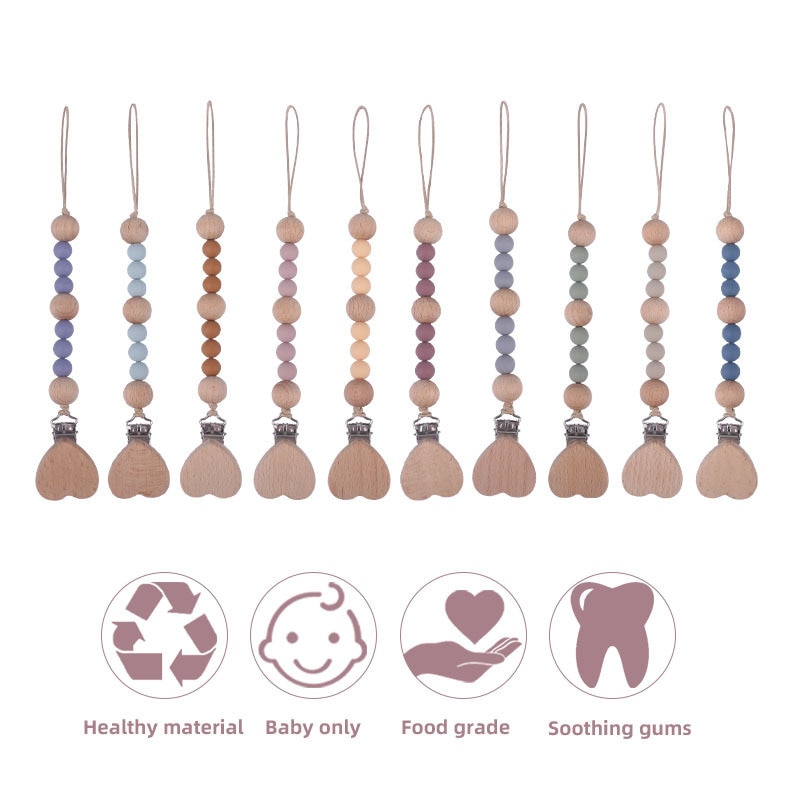 Infant Silicone Pacifier Clips Holder Chain Baby Handmade Wooden Dummy Crown Pacifier Chains Baby Teether Teething Chain Gifts