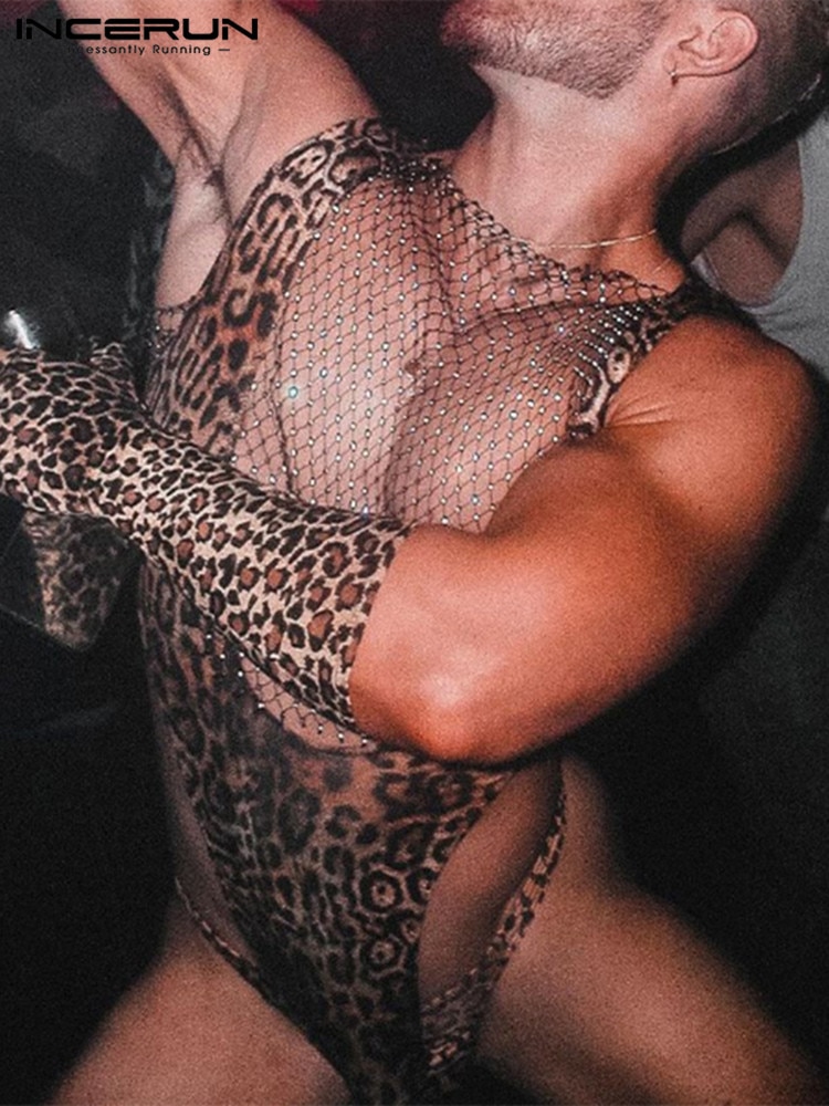 Stlylish Homewear New Men Jumpsuits Sexy See-through Leopard Printed Bodysuit Fashion Male Sleeveless Thin Rompers INCERUN 2022