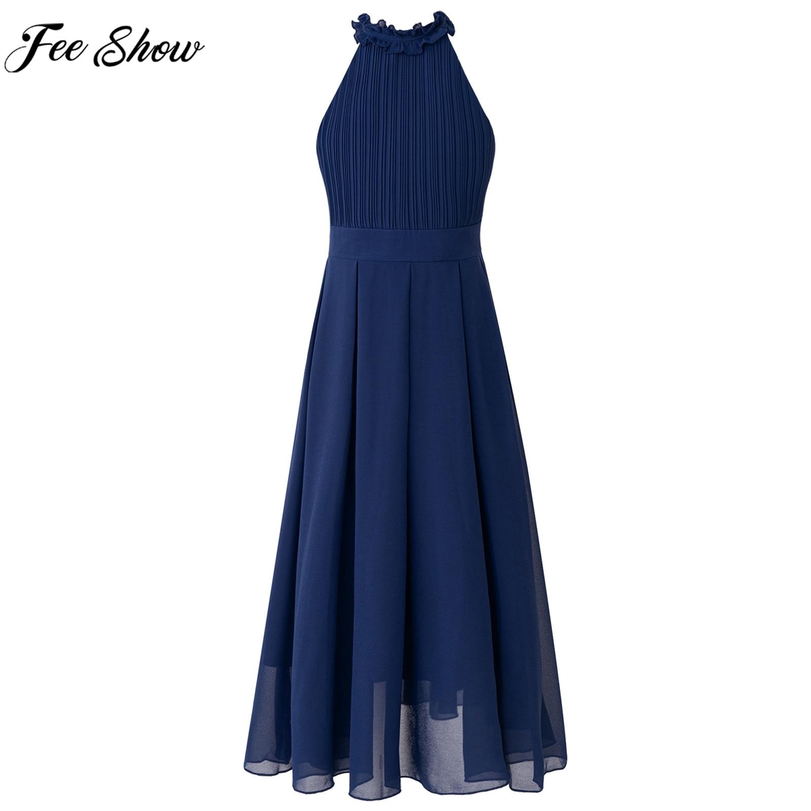 Girl Summer Sleeveless Party Dress Halter Ruffle Pleated Elegant Chiffon Maxi Dress for Wedding Bridesmaid Birthday Performance