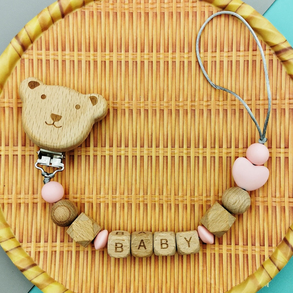 Customizable Beech English Letter Name Baby Beech Bear Clips Pacifier Chains Teether Pendants Toys Baby Pacifier Kawaii Teether