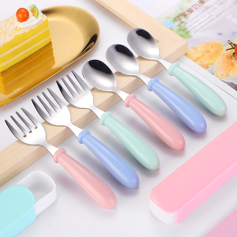 Baby Stainless Steel Spoon Fork Set Children Solid Color Food Feeding Gadgets Tableware Set Toddler Dinnerware Cutlery Utensil