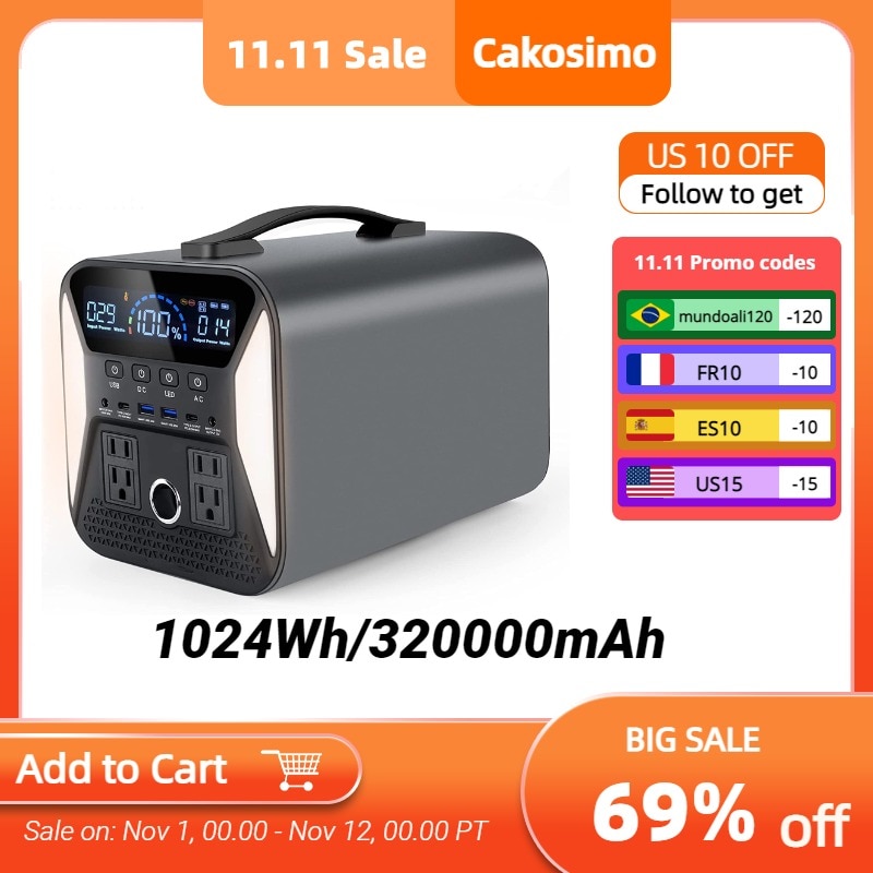 1000W LifePo4 Power Station Portable Lithium Solar Generator AC 220V Energy Accumulator Camping Bank Home Laptop AAA Charger RV