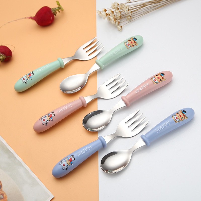 2Pcs/Set Baby Gadgets Tableware Set Kids 304 Stainless Steel Toddler Cutlery Cartoon Infant Food Feeding Spoon Fork Dinnerware
