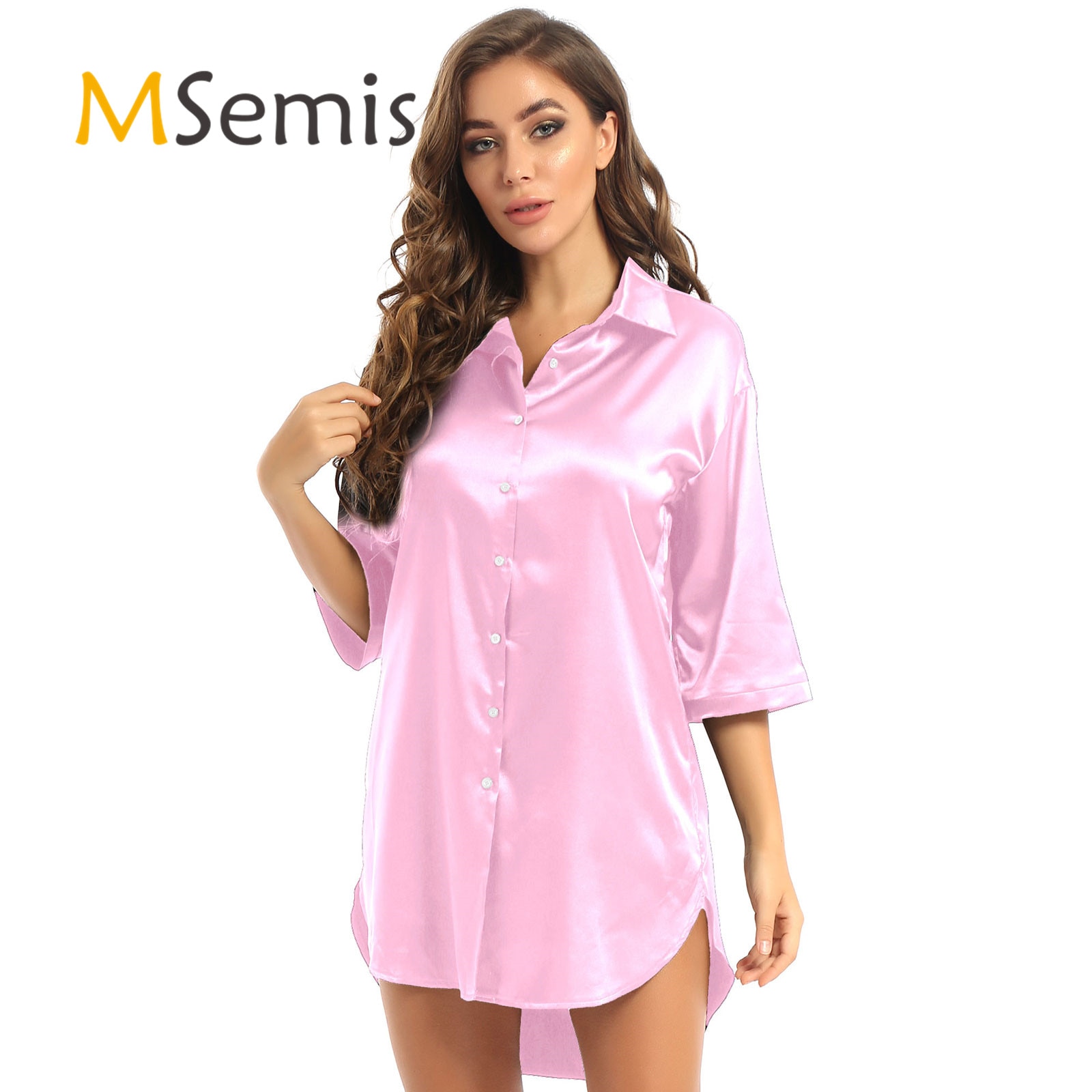 Womens Femme Satin 3/4 Sleeve Nightshirt Button Down Turn-Down Collar Nightgown Solid Color Sleepshirt Nightdress Sleepwear