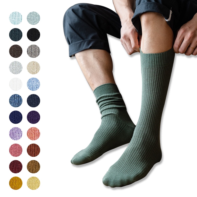 Fashion Solid Thin Business Cotton Men's Socks Stretch Casual Daily Wild Med Tube Sock Basic Knitting Rib Long Man Sports S