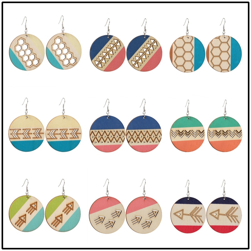 5*5CM Round Wood Disc Earrings Laser Engraved Patterns Geometric Wooden Statement Earrings Ethic Africa Tribe Jewelry Wholesale