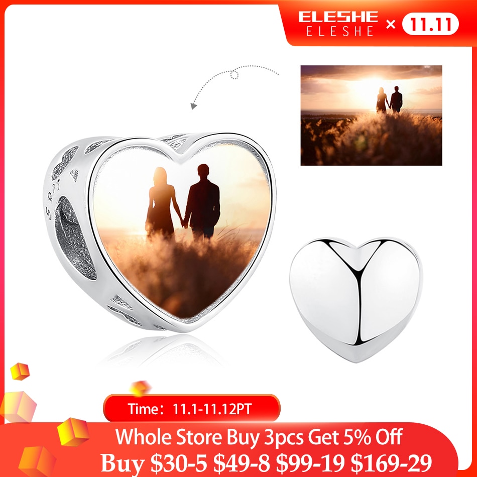 ELESHE Free Customized Photo 925 Sterling Silver Heart Charm Beads Fit Original Bracelet Necklace Personalized DIY Jewelry