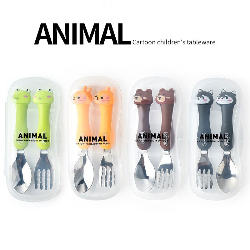 Cute Cartoon Kids Spoon Fork Set Tableware with Box Dessert Spoon for Children Fork Baby Gadgets Feeding Stainless Steel Utensil