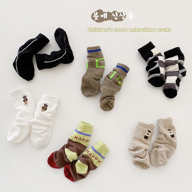 3 pairs children's socks spring and summer cartoon bear embroidered cotton socks boys trendy socks girls socks kids socks