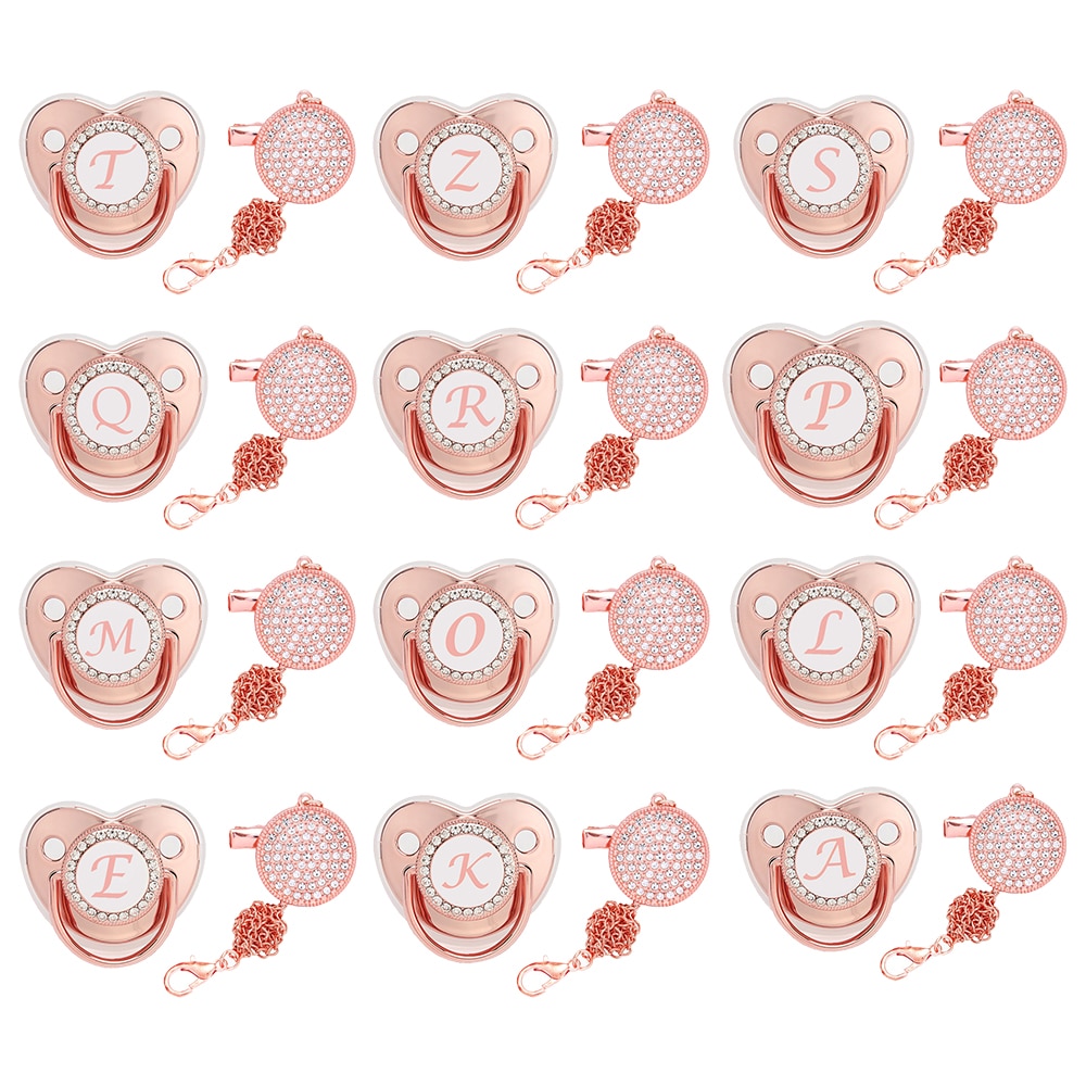 26 Name Initial Letter Rose Gold Bling Baby Pacifier Clip Silicone Infant Bling Dummy Nipple Newborn Personalised Dummy Soother
