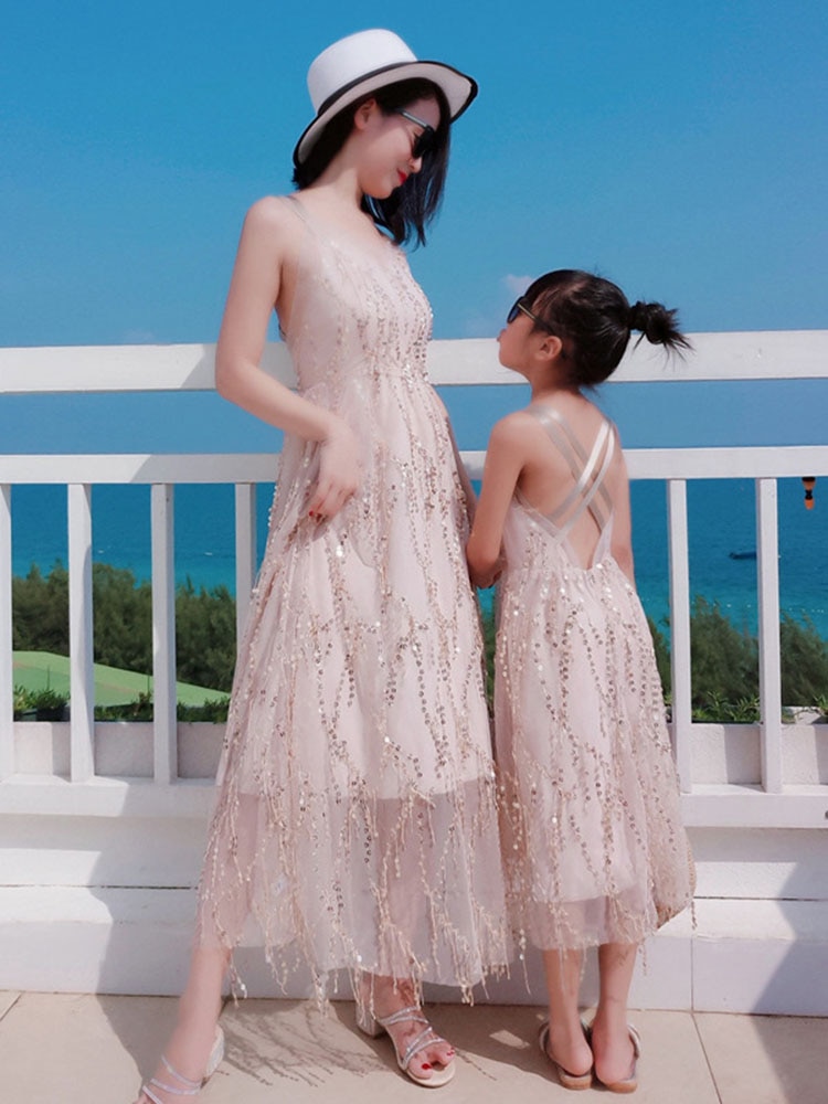 Parent-child Summer Clothing New Mother and Daughter Clothing Beach Sequins Suspenders Halter Dress Long Skirt Seaside Vacation