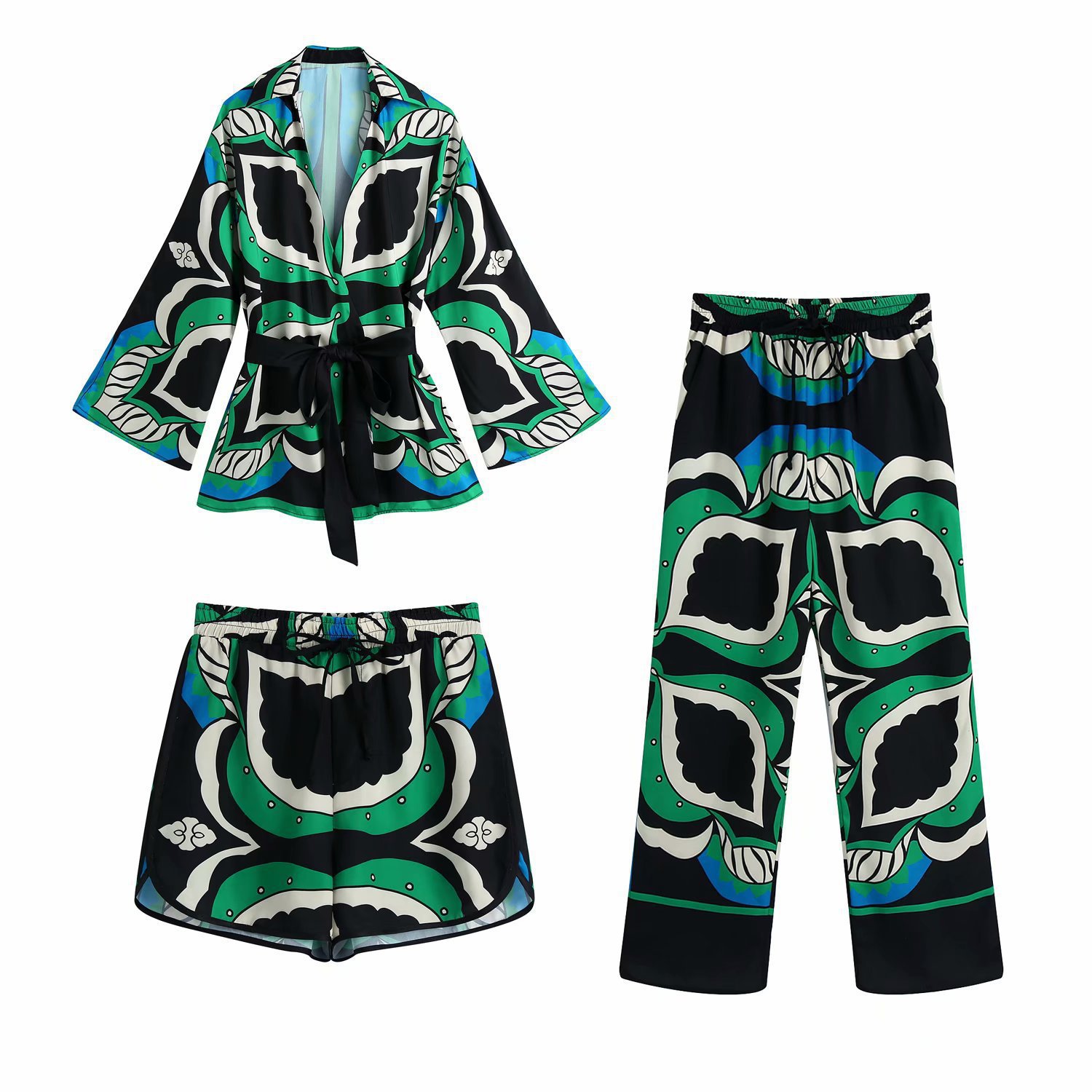 Women's Print Pajamas Set Summer Spring 3 Pieces Ladies Loose Sleepwear Kimono Streetwear V Neck Pijama Suit For Female 202