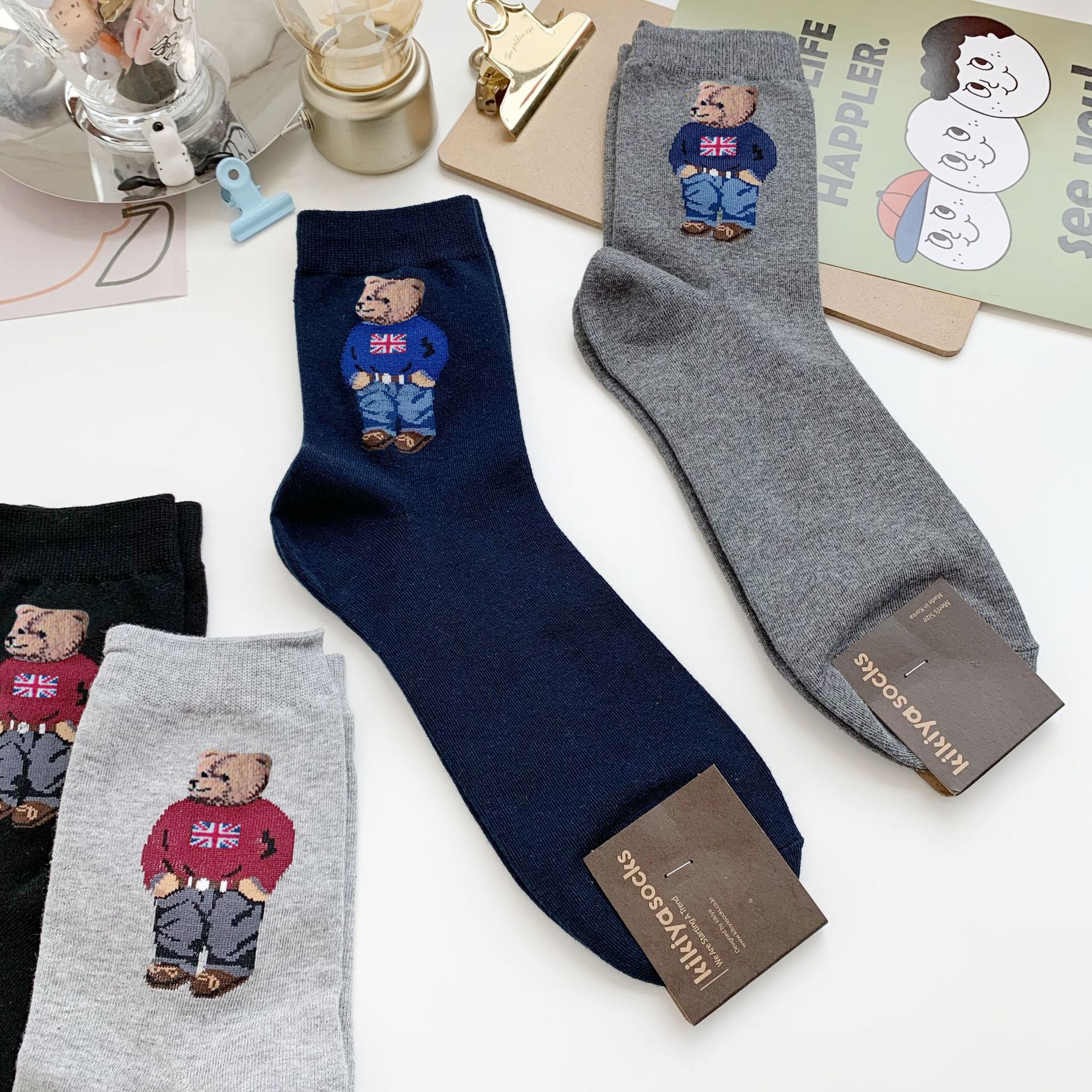 Cartoon Gentleman Bear Men's Socks Cotton Harajuku Skateboard Socks Novelty Breathable Sox Christmas Gift носки calcetines