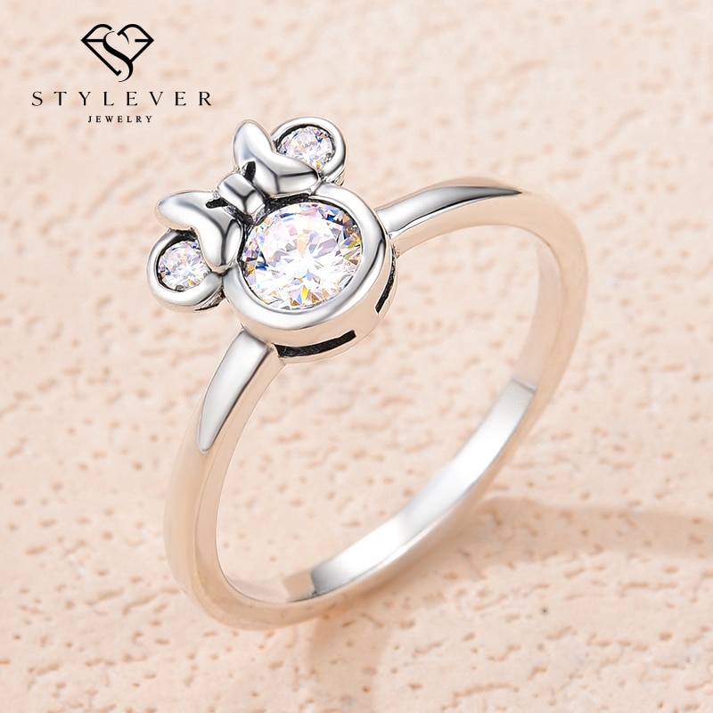 Stylever Shiny Zircon Stone Cute Bow Knot Mini Mouse Animal Stackable Rings for Women 925 Sterling Silver Party Wedding Jewelry