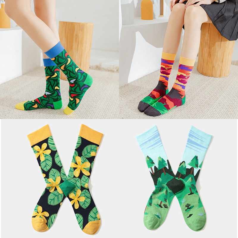 Tide brand jacquard mid-tube couple cotton socks women's fashion casual net red cartoon socks