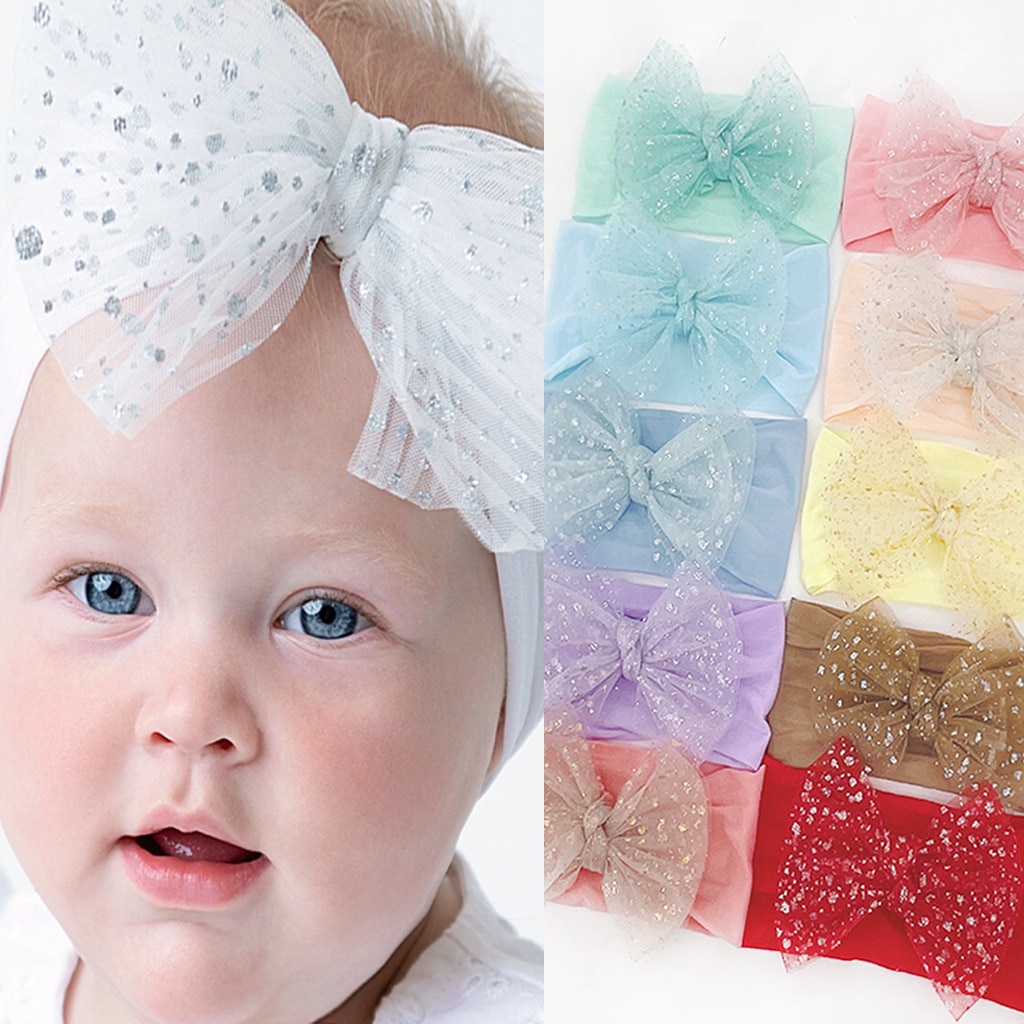 New Lace Mesh Bows Baby Girls Nylon Headband Shining Soft Bow Newborn Infant Headwraps Birthday Gifts Memorial Day Photo Props