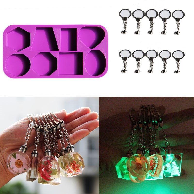 DIY Crystal Light keychain Mold Geometric Square Round Elliptical Keychain Mirror Pendant Jewelry Resin Making Silicone Mold