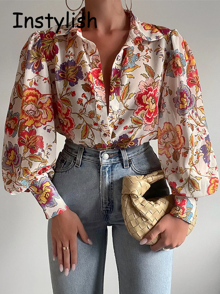 Women Elegant Floral Print Puff Long Sleeve V Neck Blouse Spring Summer Office Button Luxury Shirt