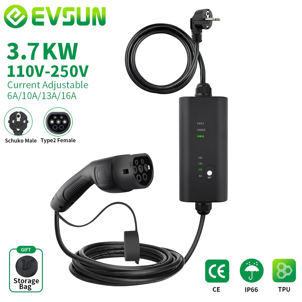 EVSUN Electric Car Vehicle Type 2 Portable EV Charger Charging Box Cable 3.5KW Switchable 6/10/13/16A Schuko Plug with 5M Cable