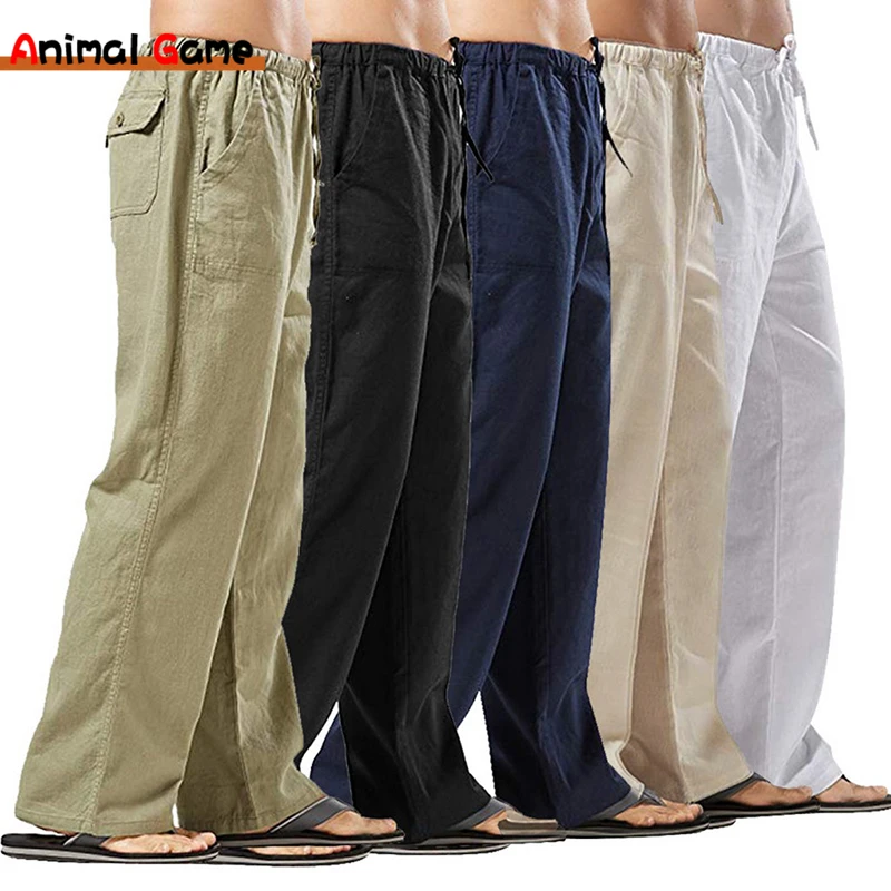 New Loose Linen Wide Men Pants Trousers Oversize Linens Streetwear Male Spring Yoga Pants Casual Men