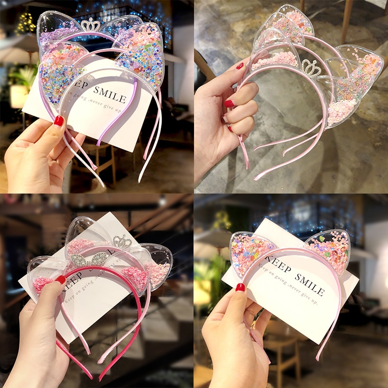 Baby Girl Cat Ear Quicksand Headband Korean Baby Hairband Hair Accessories Princess Crown Rhinestone Headwear Christmas Gift