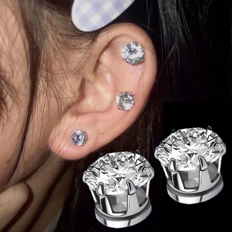 1 Pair White Magnetic Earrings Magnet Ear Clips Men Women Stud Earring Crystal Stone Stud Earring