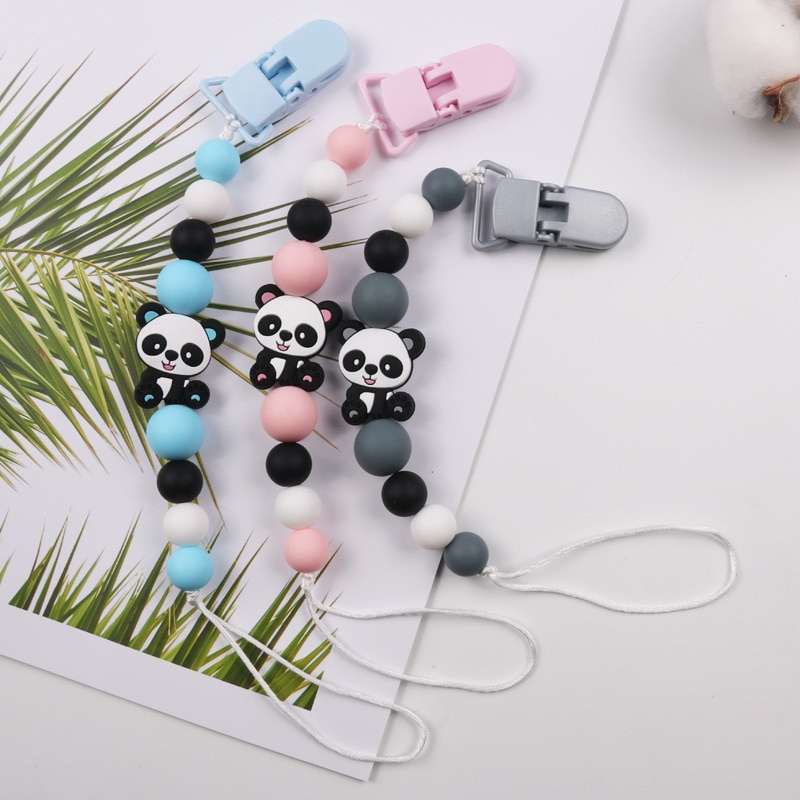 1Pcs New Custom Personalized Name Pacifier Clip Handmade Beech Chain Silicone Panda Holder Soother Baby Teething Toy Chew Gifts
