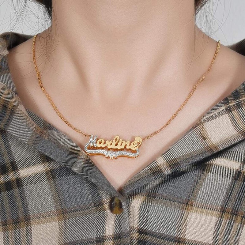 Customized Name Necklace With Heart Figaro Chain Stainless Steel 18K Double Layer Plated Nameplate 3D Necklace Jewelry For Women
