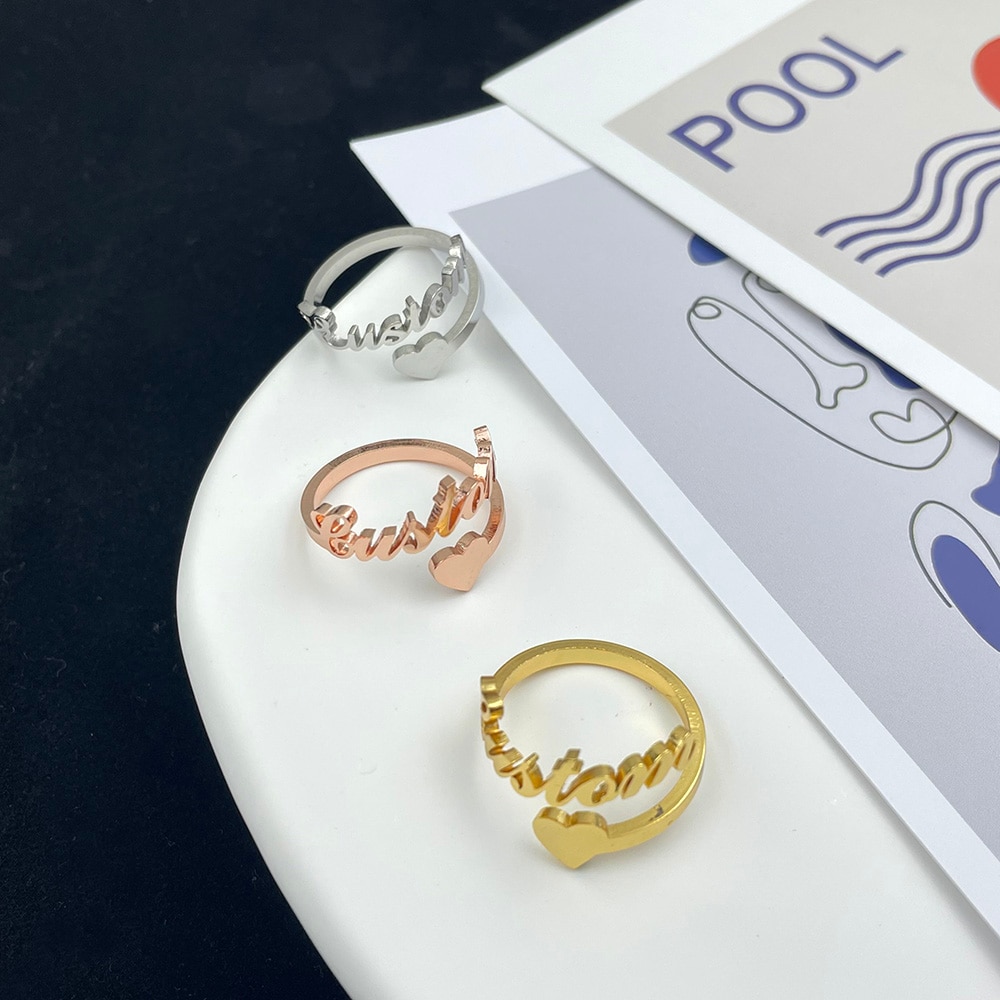 Customized Name Heart Women Ring New Personalized Letter Stainless Steel Adjustable Ring Jewelry Valentines Gifts for Girlfriend
