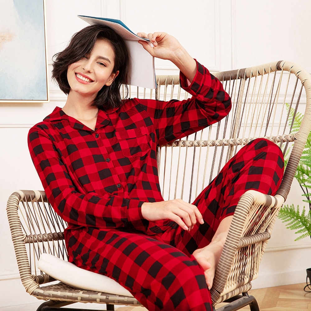 Wisremt Pajamas for Women Plaid Print Sleepwear Home Clothes Sexy Pjs Large Size Nightwear Loungewear Pajama Sets 2 Piece Sets