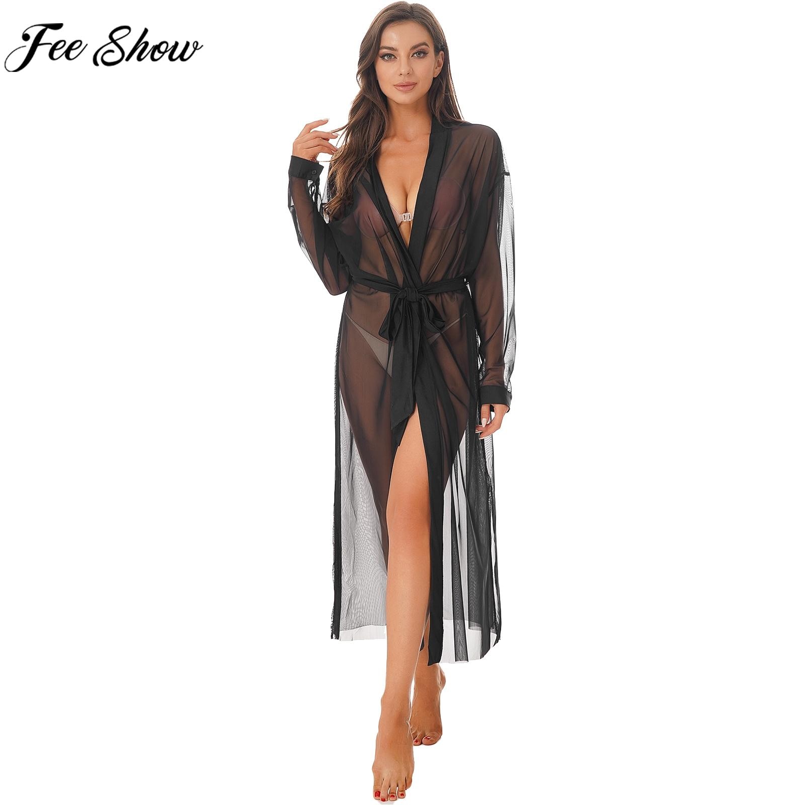 Women Sexy See-through Mesh Long Night-robe Sleepwear Sheer Cardigan Bathrobe with Belt Lingerie Loungewear Honeymoon Nightwear