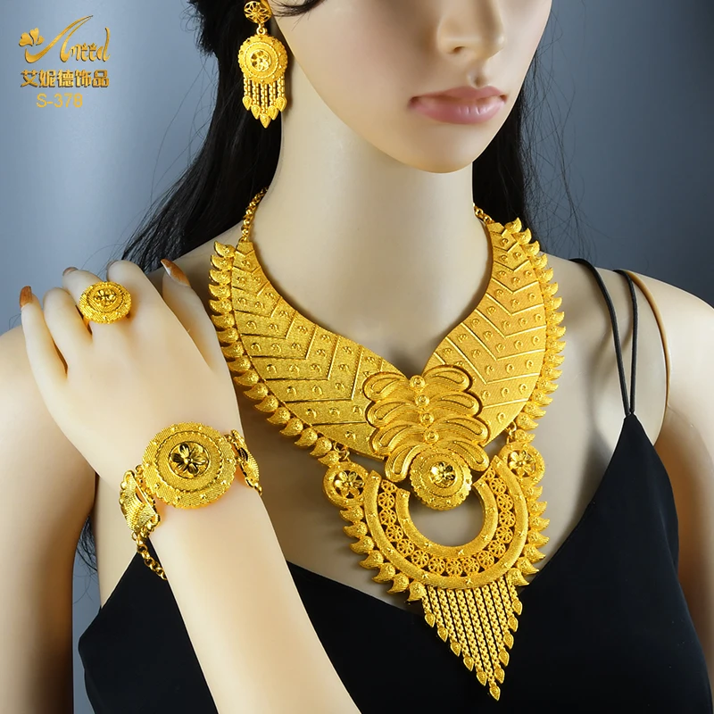 ANIID Indian Big Gold Color Jewelry Women Necklace Sets Dubai African Party Bridal Wedding Gifts