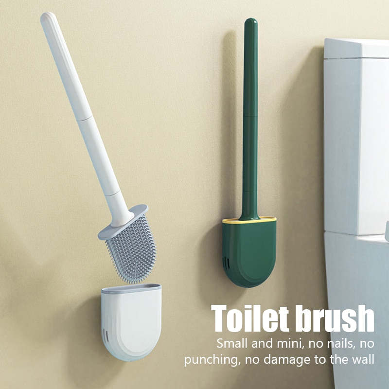 Toilet Brush Water Leak Proof With Base Silicone Brosse Wc Flat Head Flexible Soft Bristles Brush With Quick Drying Holder Set