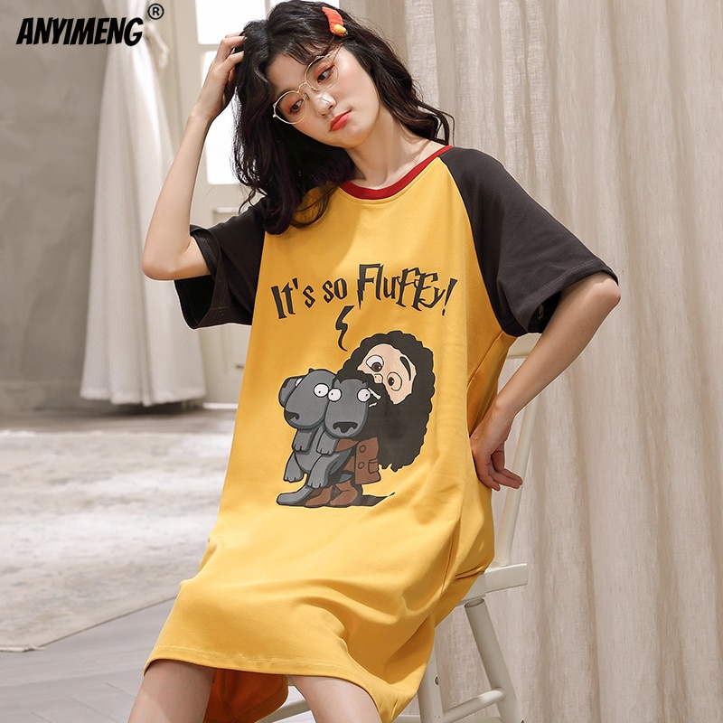 Women Nightgown Shorts Lolita Camisolas Summer Night Dress Cotton Sleepwear Leisure Home Dress Kawaii Printing Sleeping Lingerie