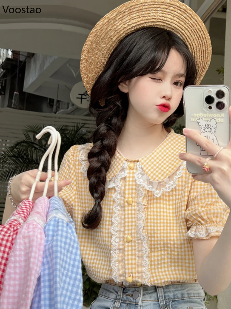 Sweet Lolita Style Plaid Blouses M-2XL Women Kawaii Lace Embroidery Ruffles Short Sleeve JK Shirts