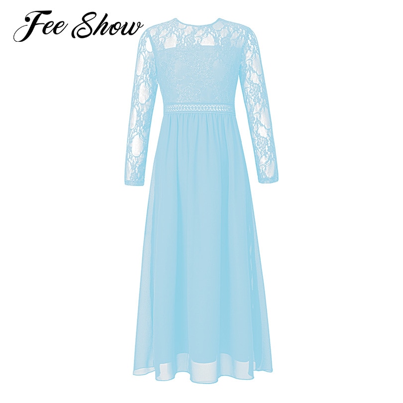 6-14 Years Kids Girls Floral Lace Chiffon Dress Elegant Wedding Party Dresses Long Sleeves Back Zipper Solid Color A-Line Dress