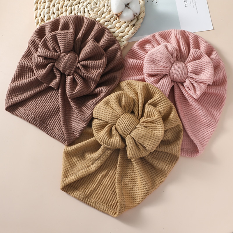 3M-3T Waffle Baby Hat Cute Bow Knot Turban Muslin Newborn Indian Cap Lovely Girls Hair Accessories Elastic Headwrap Kid Beanies