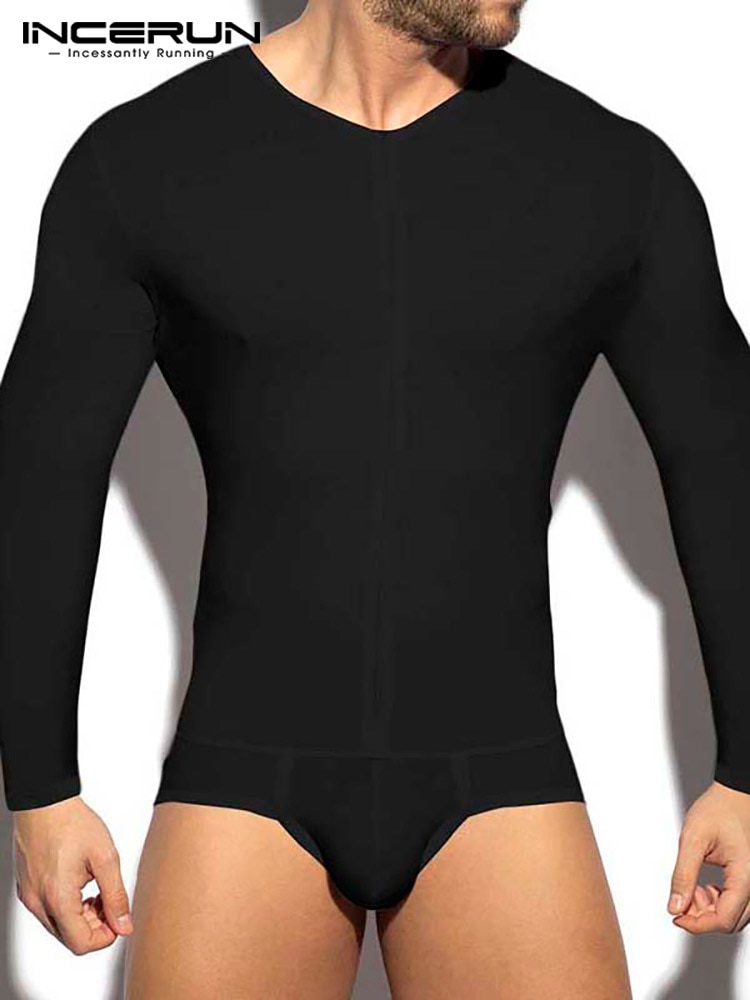 INCERUN Men Bodysuits Round Neck 2022 Long Sleeve Underwear Skinny Zipper Rompers Solid Color Sexy Men Pajamas Bodysuit S-5XL