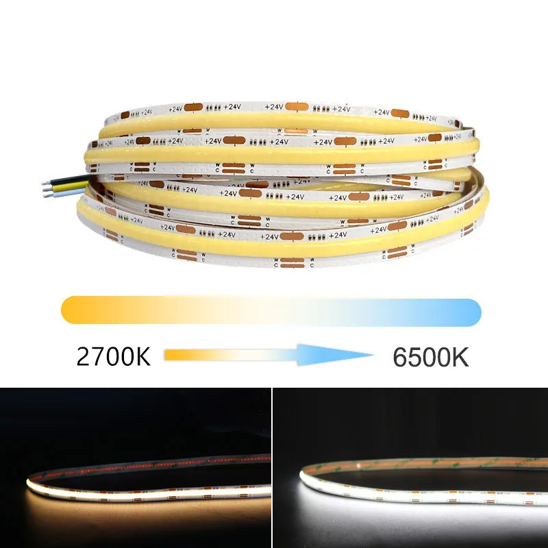 CCT COB LED Strip Light 12V 24V Double Color Dual Colour High Density Linear Tape 2700K To 6500K