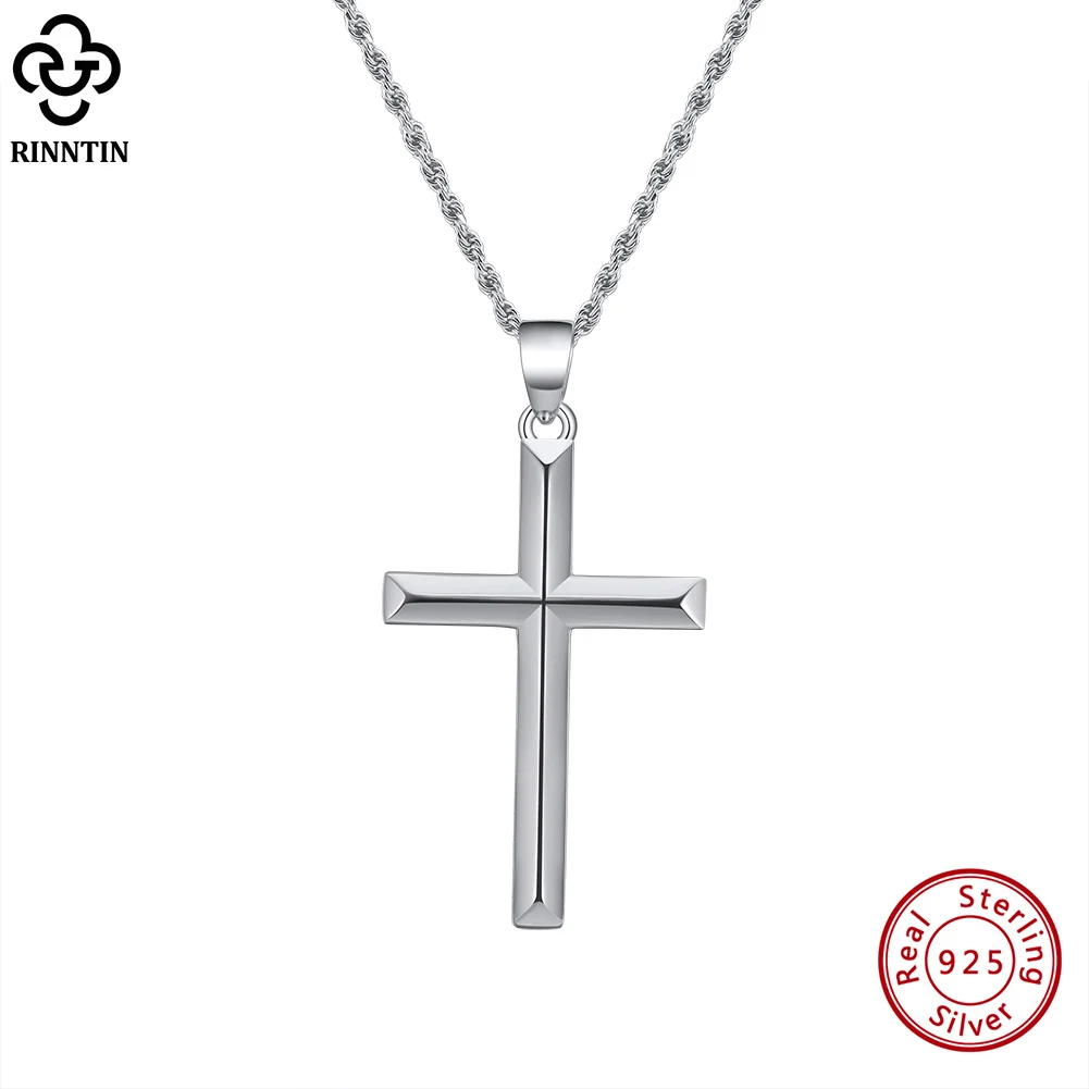 Rinntin 925 Sterling Silver Simple Cross Pendant for Women Men Pure Silver Fashion Christian