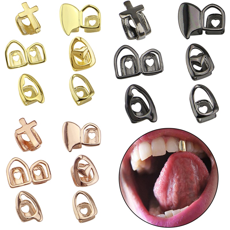 31Styles Single Hip Hop Braces Gold Plated Cross Grills Tooth Hollow Single Grillz Tooth Cap Braces Rhinestone Tooth Clips Jewe