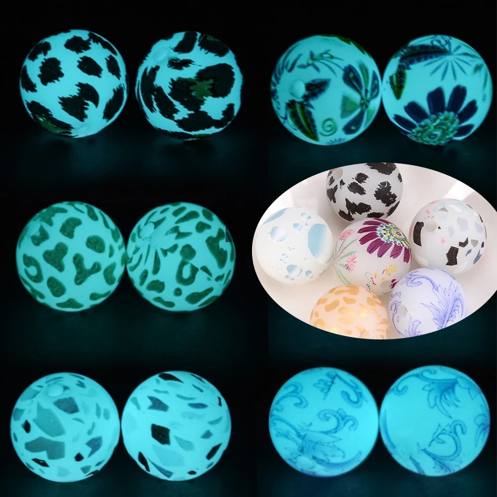 LOFCA 20pcs 12mm Luminous Beads Glow In The Dark 15mm Printed Silicone Beads Toy Making DIY Chewable BPA Free