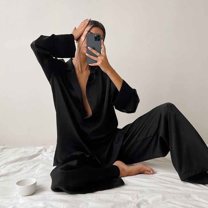 Sexy Low Cut Fashion Pajamas Set For Women Loose Casual Long Sleeve Trouser Suits Solid Satin Silk Female Home Fitted Tops 2-Pce